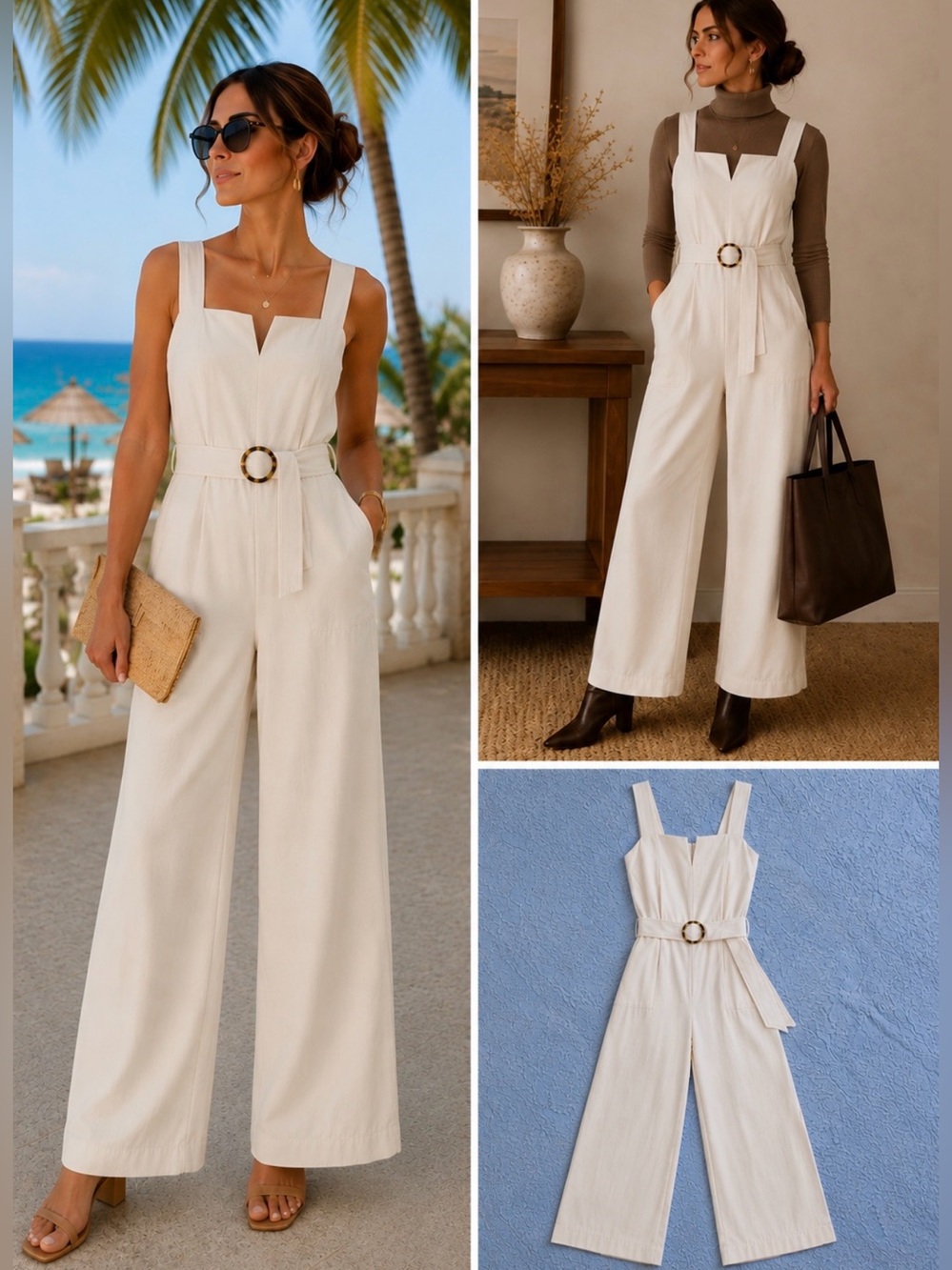 💥 Intermix Ivory Wide Leg Belted Jumpsuit Minimalist Quiet Luxury Size 8 💚